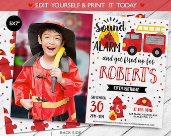 Fireman Birthday Invitation: Editable Firetruck Photo, 5x7 (Instant Download)