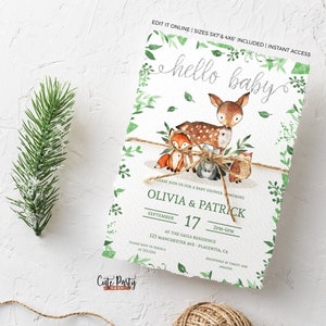 Woodland Animals Baby Shower Invitation: Greenery, Co-ed (Digital Download)