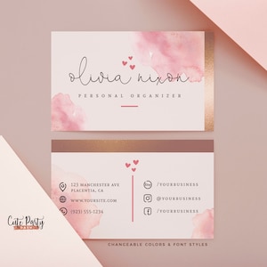 Modelo de cartão de visita, cartão de visita editável aquarela rosa e dourado modelo feminino DOWNLOAD INSTANTÂNEO DIY Cartão de visita moderno BU004