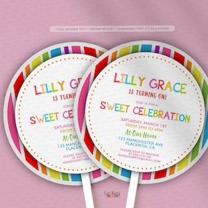 Candyland Birthday Party Lollipop Invitation: Editable Sweet Shop (Digital Download)