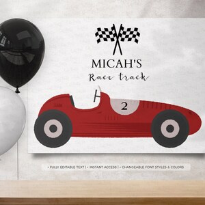 May include: A printable sign with a red race car and checkered flags. The text on the sign reads "Micah's Race Track".
