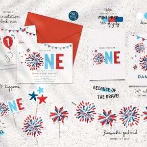 May include: A printable set of 4th of July party decorations for a first birthday. The set includes a printable invitation, 6.35 cm toppers, 7 cute signs, and a fireworks garland. The decorations feature red, white, and blue colours with a fireworks theme. The text on the invitation says "What fun to be one!" and "Daniel's First Birthday". The text on the signs says "Today you are one!" and "Because of the brave!"