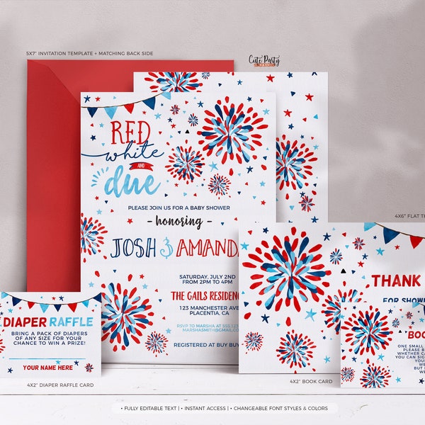 Red White and Due baby shower invitation Editable INSTANT DOWNLOAD Patriotic 4th of July Baby Shower invite Bundle Little firecracker 237