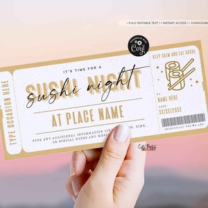 Certificado de vale de regalo de noche de sushi, plantilla de cupón de noche de fecha sorpresa, boleto de noche de sushi editable, cupón de fecha de cena DESCARGA INSTANTÁNEA