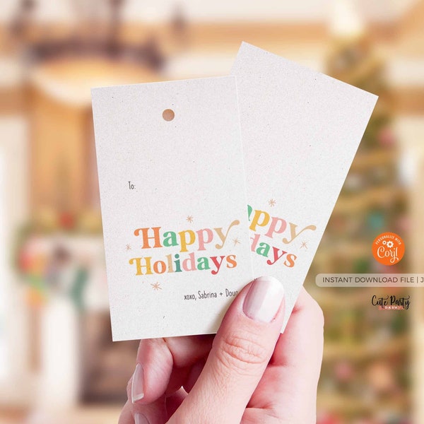 Retro Happy Holidays Geschenkanhänger, bearbeitbare Happy Holidays Hang Tag, druckbare Retro Vintage minimalistische Weihnachten Corjl INSTANT DOWNLOAD