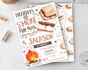 S'more Birthday invitation INSTANT DOWNLOAD Camp out Smore Party Invite Editable Camping birthday decor Bonfire birthday Digital Corjl 456