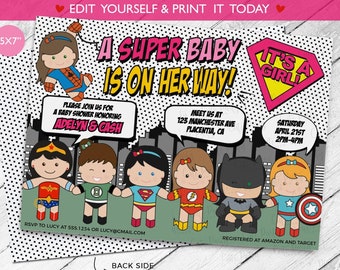 Pink Superhero Baby Shower Invitation: Editable Girl Invite (Digital Download)