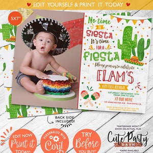 INSTANT DOWNLOAD - EDITABLE Fiesta Birthday Photo invitation printable Fiesta corjl invitation Mexican party invitation No time to siesta