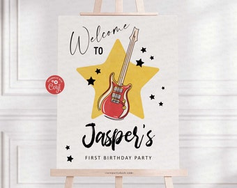 Rock and Roll 1st Birthday Welcome Sign: Guitar Theme (Editable, Instant Download)
