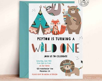 Wild One Birthday Invitation: Tribal Woodland Animals (INSTANT DOWNLOAD)