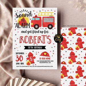 May include: Firefighter themed birthday party invitation with red and yellow fire hydrant and fire truck illustrations. The invitation says "Sound the Alarm and get fired up for Robert's Fifth Birthday".