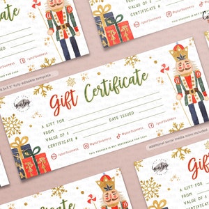 Modelo editável de certificado de presente de Natal quebra-nozes, DOWNLOAD INSTANTÂNEO, voucher de presente para impressão de feriado profissional Feliz Natal BU027