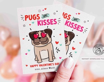 Imprimible Pugs y Besos Etiqueta del Día de San Valentín Imprimible DESCARGA INSTANTE Aula Perro San Valentín Niños Tarjeta escolar Feliz Día de San Valentín