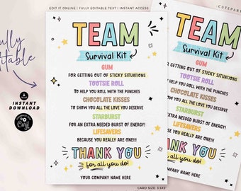 Team Survival Kit Tags Printable INSTANT DOWNLOAD Editable Staff Employee Appreciation Day Gift Survival Kit Card Thank You Candy Gift Idea