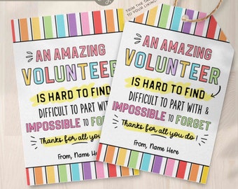 May include: Two colorful gift tags with rainbow stripes and the text "An amazing volunteer is hard to find, difficult to part with & impossible to forget. Thanks for all you do!"  The tags are printed on white cardstock and have a handwritten font.