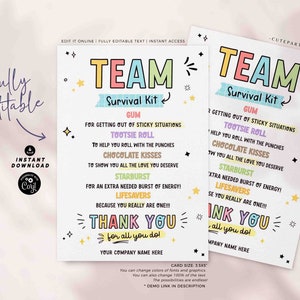 Team Survival Kit Tags Printable INSTANT DOWNLOAD Editable Staff Employee Appreciation Day Gift Survival Kit Card Thank You Candy Gift Idea