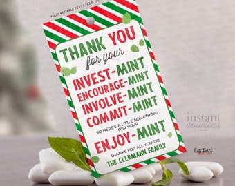 Könnte beinhalten: Rotes und grünes gestreiftes Geschenkanhänger mit dem Text "Thank you for your Invest-Mint Encourage-Mint Involve-Mint Commit-Mint Enjoy-Mint" und "Thanks for all you do The Clermann Family".