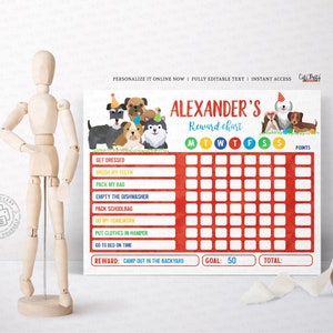 Puede incluir: Un cuadro de recompensas imprimible rojo y blanco con tem&aacute;tica de perros. El cuadro tiene un espacio para el nombre de un ni&ntilde;o, "Alexander's", y una lista de tareas, como "Get Dressed", "Brush My Teeth" y "Pack My Bag". El cuadro tambi&eacute;n tiene un espacio para una meta, "Goal: 50", y un total, "Total:".