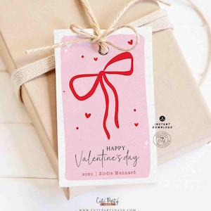 Red Coquette Bow Happy Valentine's Day Gift Tag Printable INSTANT DOWNLOAD Whimsical Teacher Valentines Gift Co worker Team EDITABLE Kids
