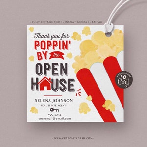 Bedankt voor Poppin' by the Open House makelaar Cadeautag, Popping door bewerkbare makelaar Popcorn Pop By Tags Makelaar INSTANT DOWNLOAD