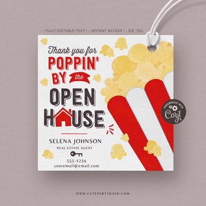 Thank you for Poppin' by the Open House realtor Gift tag, Popping by Editable Realtor Popcorn Pop By Tags Real Estate Agent INSTANT DOWNLOAD