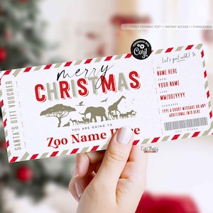 Plantilla EDITABLE de boleto de viaje al zoológico de Navidad, pase de parque de animales, plantilla de cupón de regalo de viaje sorpresa al zoológico, idea de regalo imprimible DESCARGA INSTANTÁNEA