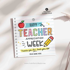 Etiqueta de presente da semana de valorização do professor para impressão DOWNLOAD INSTANTÂNEO Presente para professores Caixa de presente Cartão de agradecimento editável Feliz agradecimento do professor