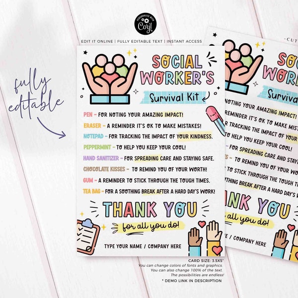 Social Worker's Survival Kit Gift Tags Printable INSTANT DOWNLOAD Editable School Social Work Appreciation Day Gift Survival Kit Card Thank