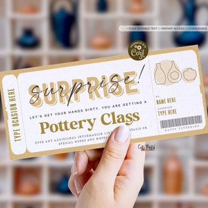 Certificat de bon cadeau de cours de poterie, modèle de coupon de cours de poterie surprise, bon cadeau modifiable pour la fête des mères TÉLÉCHARGEMENT INSTANTANÉ
