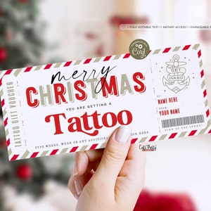 Modello voucher regalo tatuaggio di Natale EDITABLE, idea regalo tatuaggio, certificato regalo tatuaggio stampabile, biglietto di compleanno DOWNLOAD immediato