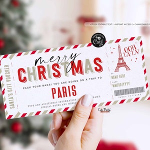 Christmas Trip to Paris Gift ticket Template, Editable Holiday ticket, Surprise France Vacation Boarding Pass Ticket Trip INSTANT DOWNLOAD
