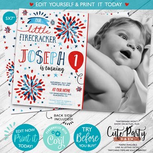 4th of July Birthday Invitation: Firecracker Photo, Editable (Digital Download)