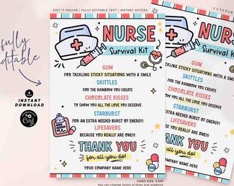 Nurse Survival Kit Gift Tag Printable INSTANT DOWNLOAD Editable Nurse Appreciation Week Gift for Medical Thank you Card Emergency Treat Pack