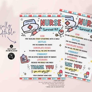 Nurse Survival Kit Gift Tag Printable INSTANT DOWNLOAD Editable Nurse Appreciation Week Gift for Medical Thank you Card Emergency Treat Pack