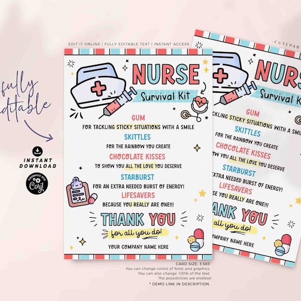 Nurse Survival Kit Gift Tag Printable INSTANT DOWNLOAD Editable Nurse Appreciation Week Gift for Medical Thank you Card Emergency Treat Pack