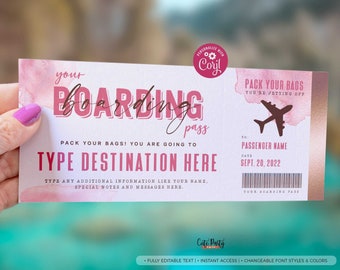 May include: A pink and gold printable boarding pass with the text "your boarding pass" and "pack your bags! you are going to TYPE DESTINATION HERE". The pass also includes a small airplane icon and the text "personalized with Coril".
