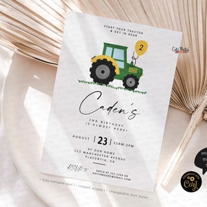 Minimalist Green Tractor Birthday invitation, Farmer Tractor Birthday Party digital, corjl printable invite, INSTANT DOWNLOAD, EDITABLE 437