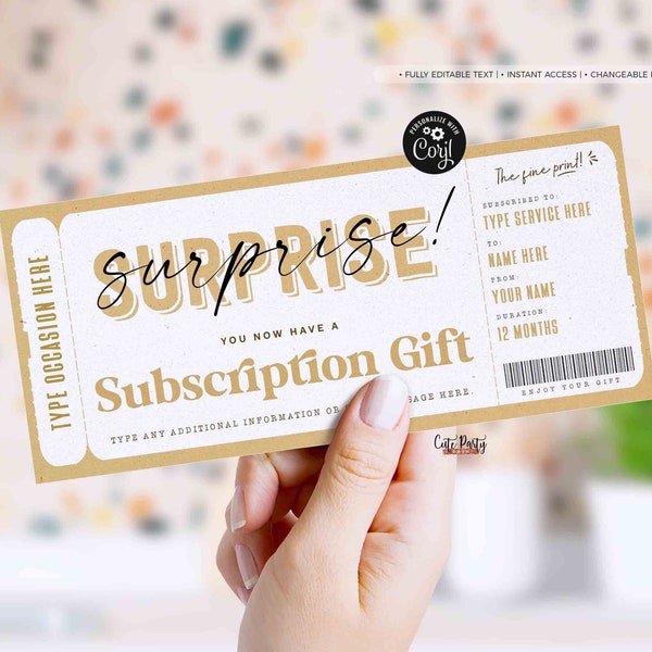 Surprise Birthday Gift, Subscription Gift Ticket Voucher, Streaming Service, EDITABLE Subscription Box Coupon Gift INSTANT DOWNLOAD