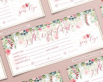 Greenery Pink and Gold Floral Gift Certificate editable template, INSTANT DOWNLOAD Professional Gift Card Corjl Printable Gift Voucher BU021