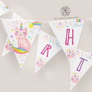 Editable Caticorn Happy Birthday Wall Banner, Cat Unicorn Rainbow Bunting Party Decor, Pennant Flag Template, INSTANT DOWNLOAD 496