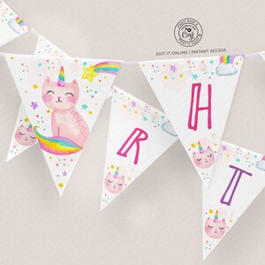 Bannière murale joyeux anniversaire Caticorn modifiable, décor de fête arc-en-ciel Licorne chat, fanion drapeau modèle, téléchargement immédiat 496