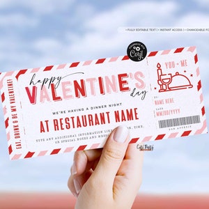 Dinner Night Gift Voucher Certificate, Valentine&#39;s Day Gift for her, for him, Date Night Coupon Template, Editable Coupon INSTANT DOWNLOAD