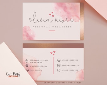 Business card template, Editable watercolor pink and gold business card feminine template INSTANT DOWNLOAD DIY Modern business card BU004
