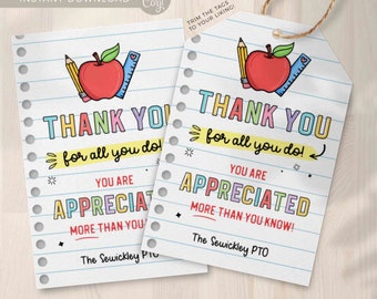 Teacher Appreciation gift Tag thank you for all you do School pto Editable Template Printable School Employee Appreciation INSTANT DOWNLOAD