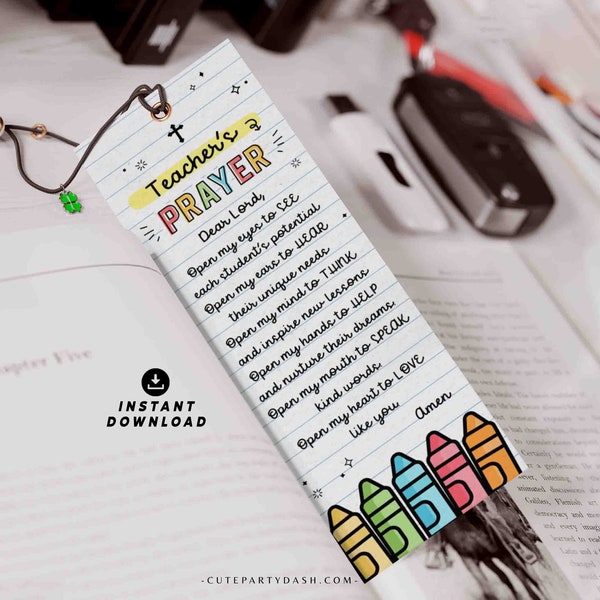 Teacher's Prayer Bookmark INSTANT DOWNLOAD Printable First Day of Sunday School Year Prayer bookmark Christian Teacher Appreciation Gift