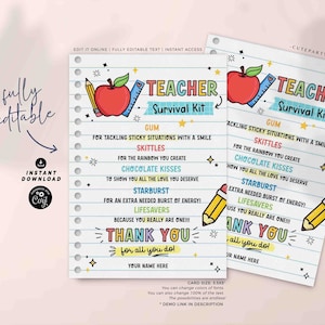 Teacher Survival Kit Printable Gift Tag INSTANT DOWNLOAD Editable Teacher Appreciation Week Gift for Teachers Back to School End of School