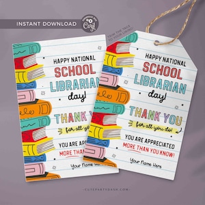 School Librarian Appreciation Gift Tag Printable Editable School Library Day Books Gift Tag Template Thank You Tag INSTANT DOWNLOAD