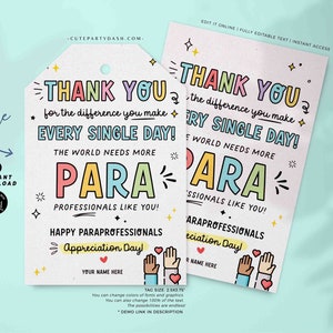 Paraprofessionals Day Gift Tags Printable INSTANT DOWNLOAD Editable Paraprofessional Appreciation Day Gift Survival Kit Card Thank You tag