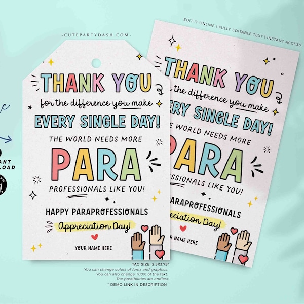 Paraprofessionals Day Gift Tags Printable INSTANT DOWNLOAD Editable Paraprofessional Appreciation Day Gift Survival Kit Card Thank You tag