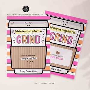 Porte-cartes cadeau Bienvenue Back to the grind pour professeur d'école modifiable Porte-cartes cadeau café premier jour pour enseignant Modèle imprimable TÉLÉCHARGEMENT IMMÉDIAT